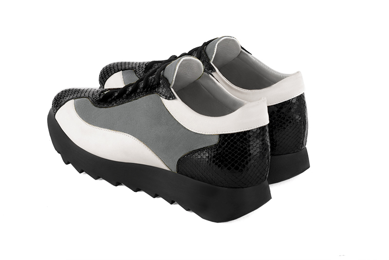 Satin black, dove grey and off white women's elegant sneakers. Round toe. Low rubber soles. Rear view - Florence KOOIJMAN